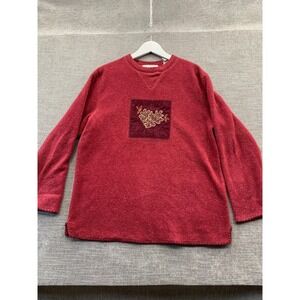 LT Sport Fleece Sweatshirt Womens Medium Burgundy Embroidered Leaves Side Slit